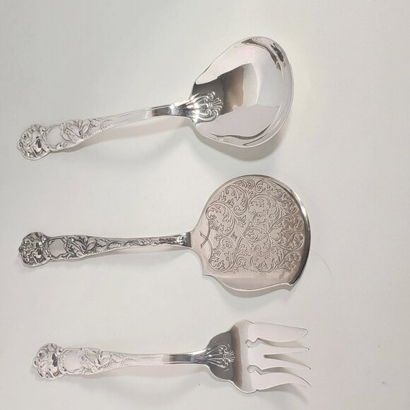 Birks “Primrose Plate” Silver-Plated Serving Spoon&Fork with Italian Pie Server - Picture 4 of 7